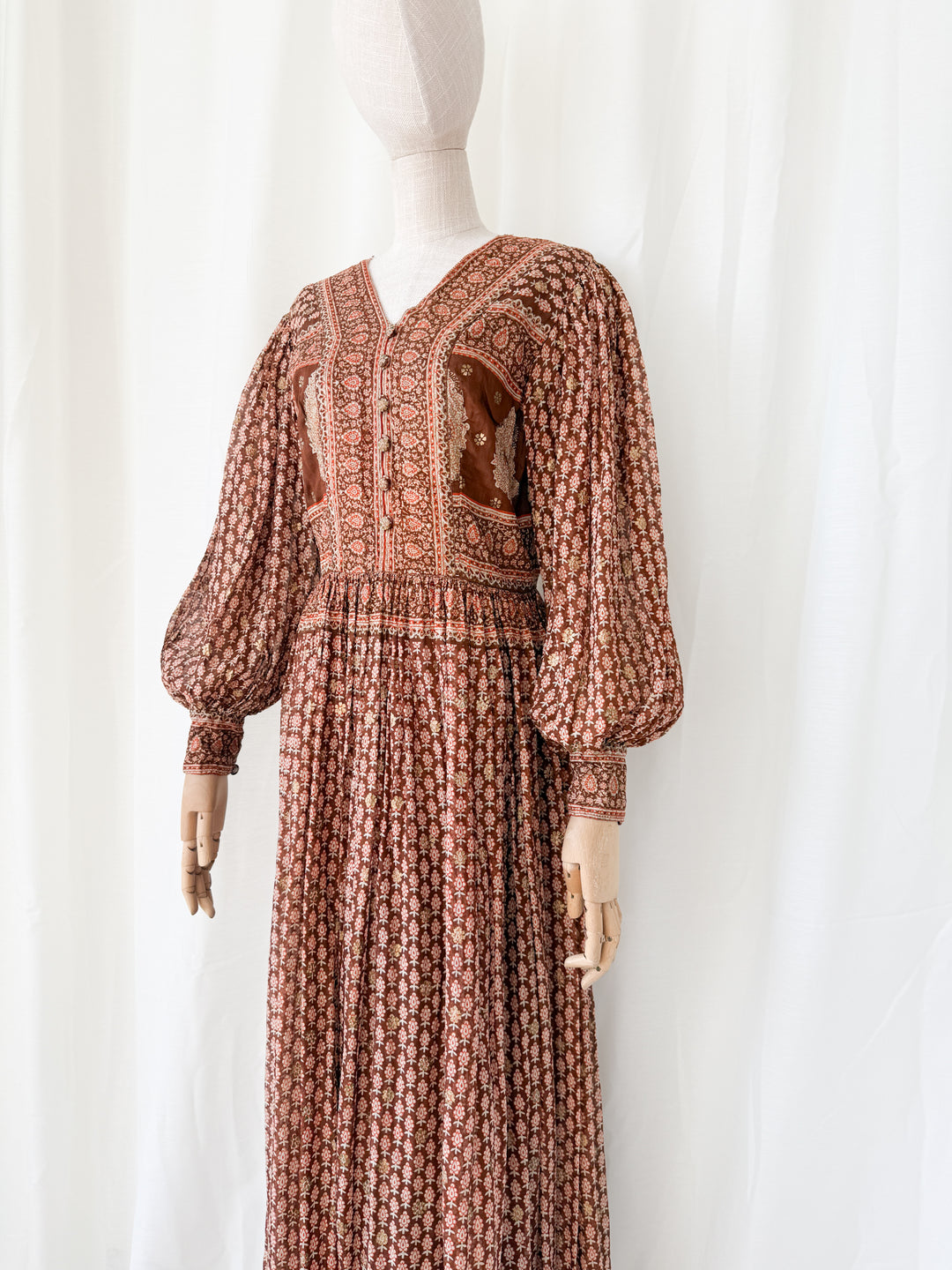 Insane Holy Grail Rare 1970s  Indian Cotton Gauze Block Print Gold Stamp Maxi Dress