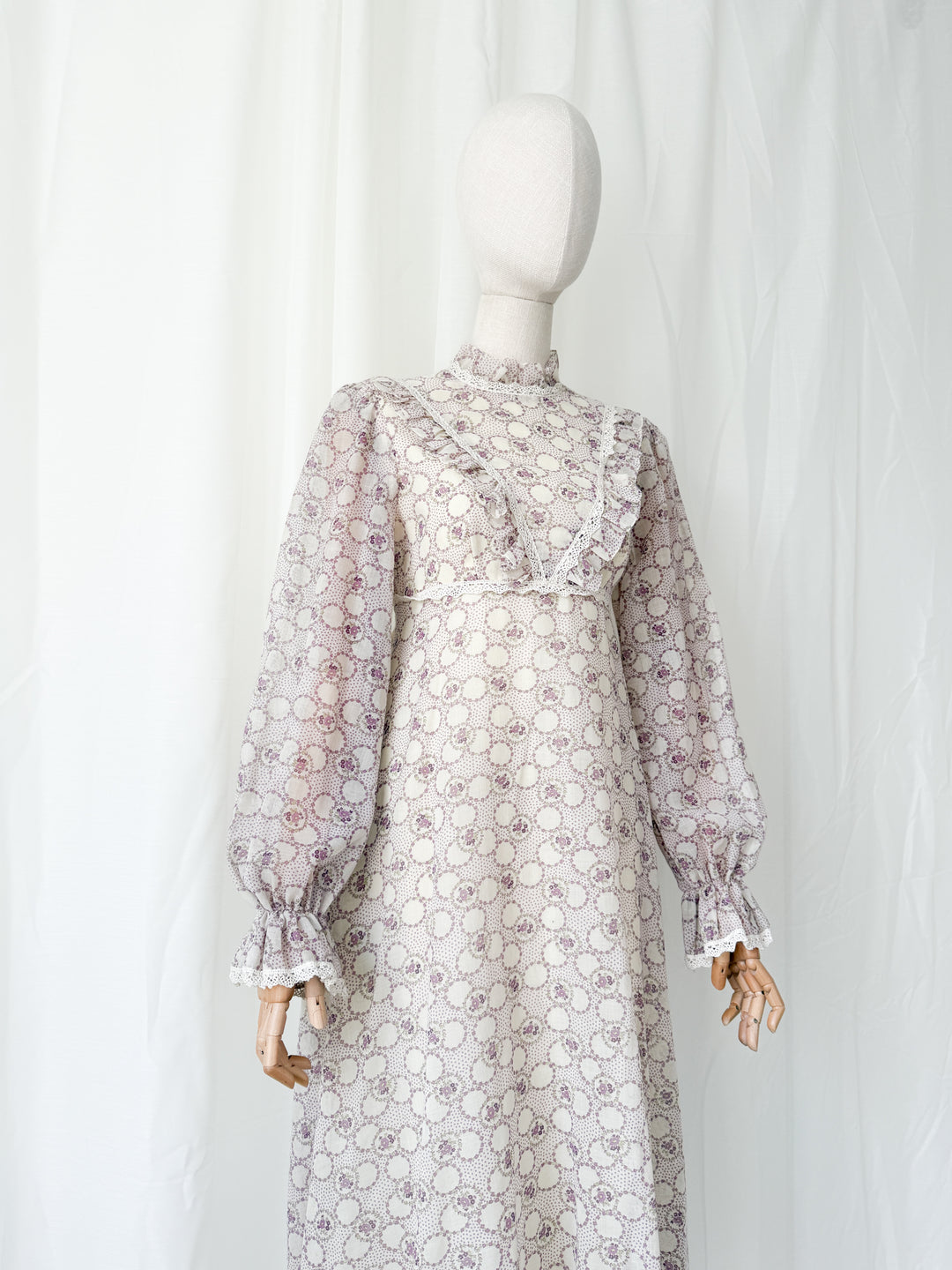 Beautiful Ethereal 1970s Floral Cotton Lace Trimmed Maxi Dress by Peterson Maid