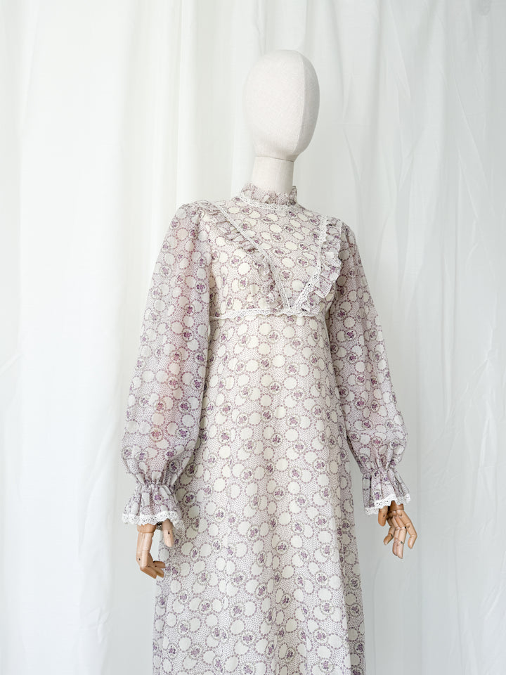 Beautiful Ethereal 1970s Floral Cotton Lace Trimmed Maxi Dress by Peterson Maid