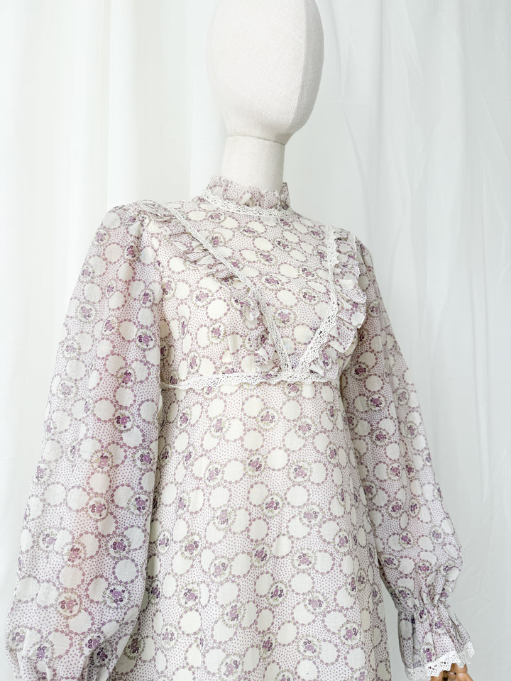 Beautiful Ethereal 1970s Floral Cotton Lace Trimmed Maxi Dress by Peterson Maid