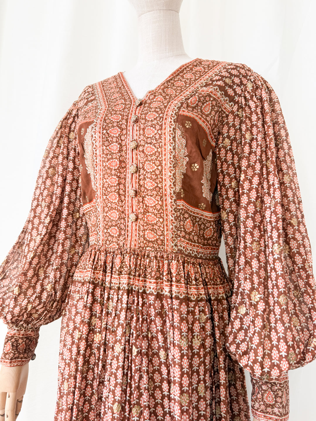 Insane Holy Grail Rare 1970s  Indian Cotton Gauze Block Print Gold Stamp Maxi Dress