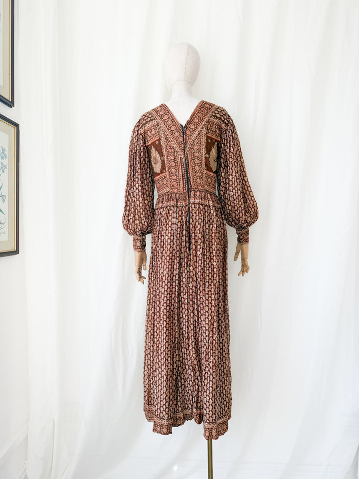 Insane Holy Grail Rare 1970s  Indian Cotton Gauze Block Print Gold Stamp Maxi Dress