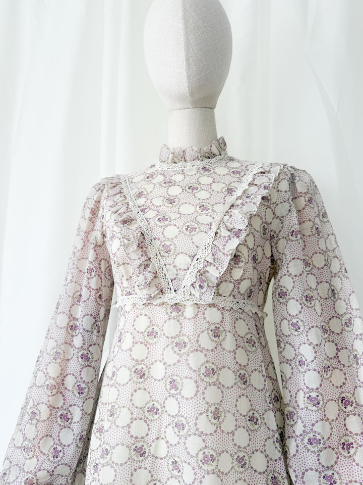 Beautiful Ethereal 1970s Floral Cotton Lace Trimmed Maxi Dress by Peterson Maid