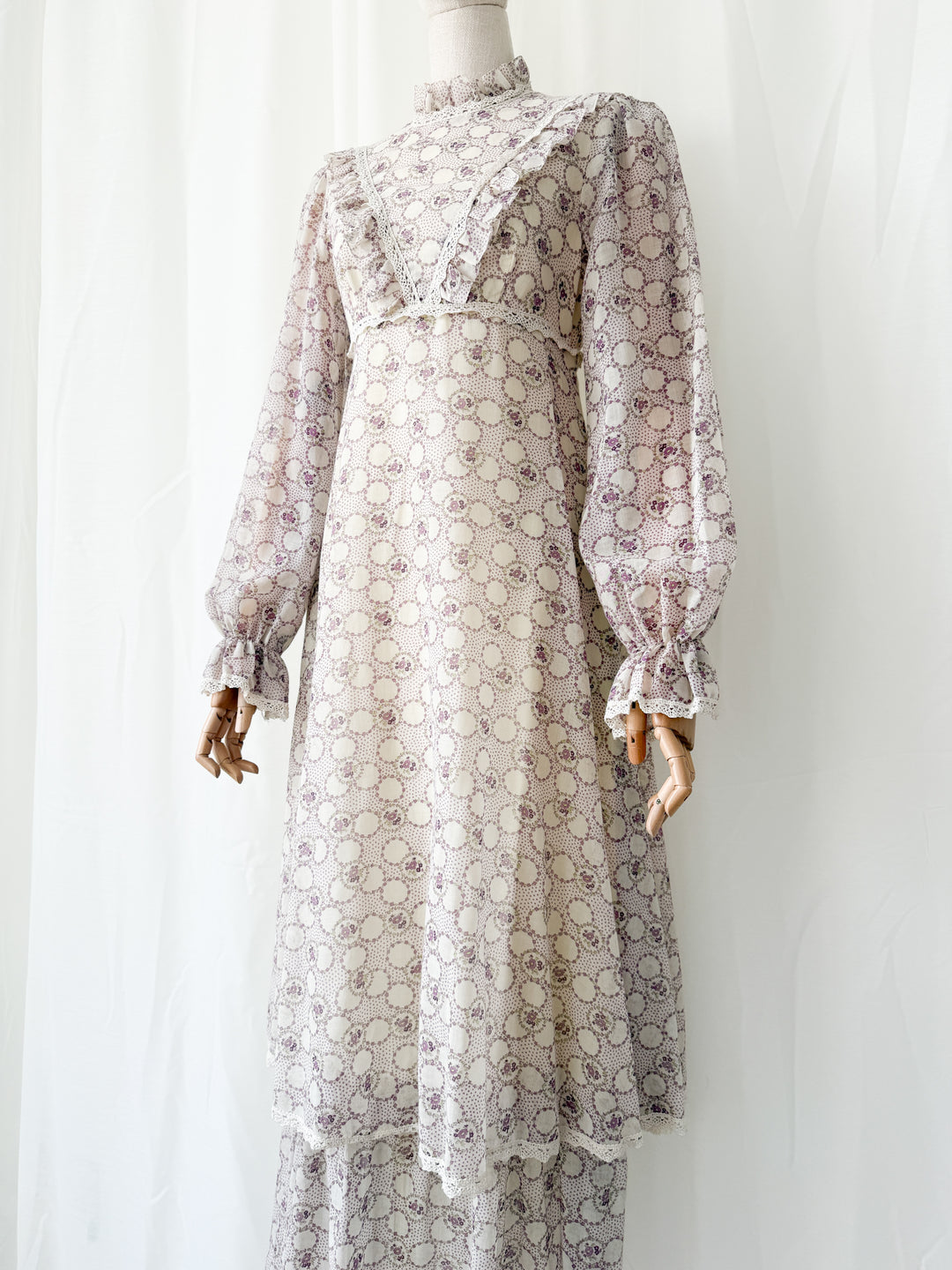 Beautiful Ethereal 1970s Floral Cotton Lace Trimmed Maxi Dress by Peterson Maid