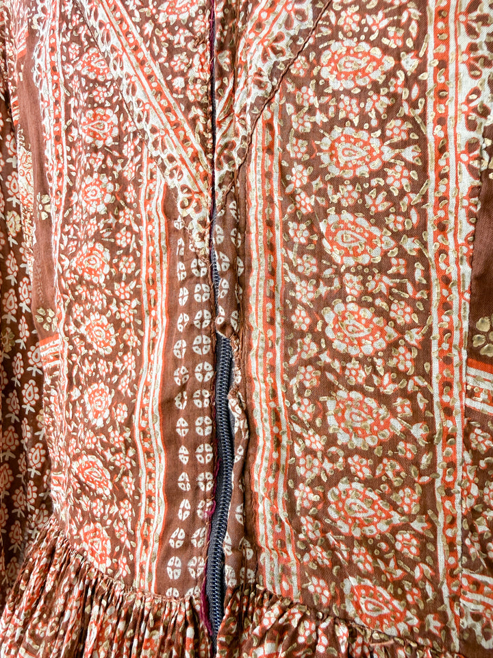 Insane Holy Grail Rare 1970s  Indian Cotton Gauze Block Print Gold Stamp Maxi Dress