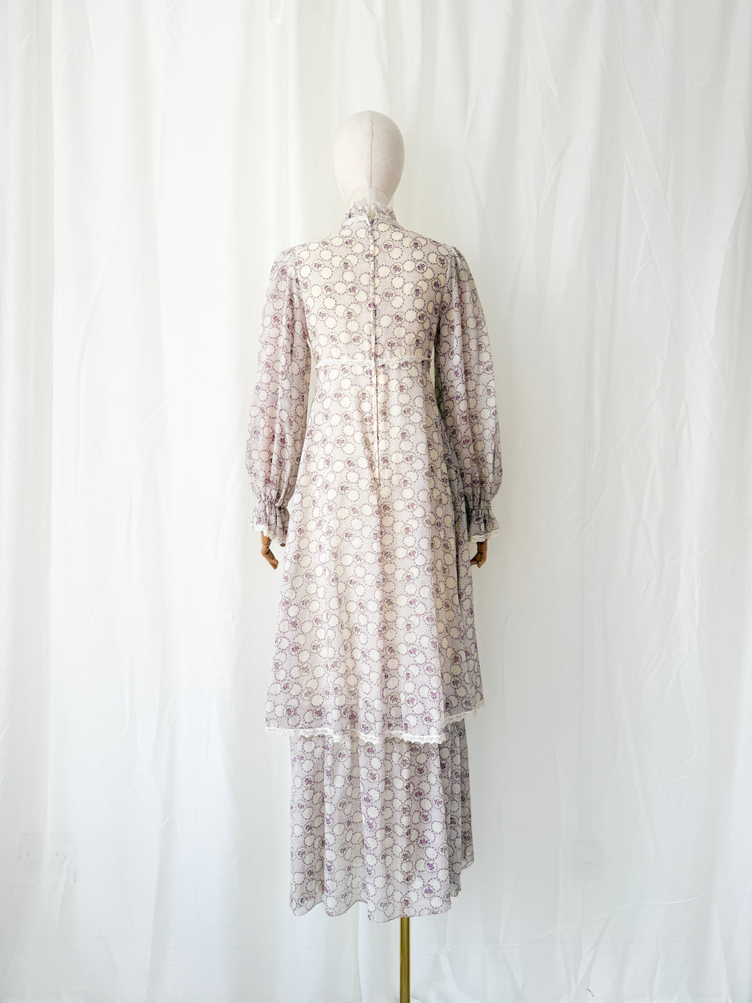 Beautiful Ethereal 1970s Floral Cotton Lace Trimmed Maxi Dress by Peterson Maid