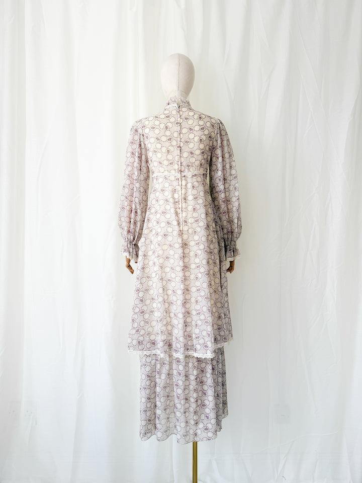 Beautiful Ethereal 1970s Floral Cotton Lace Trimmed Maxi Dress by Peterson Maid
