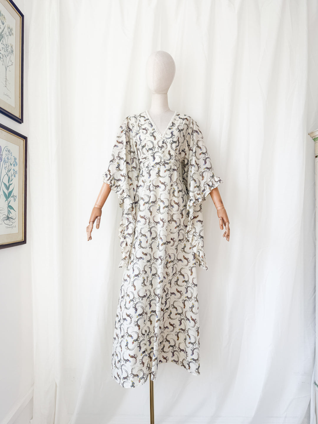 Breathtaking Rare 1970s Parrot Print Angel Sleeve Cotton Bohemian Maxi Dress