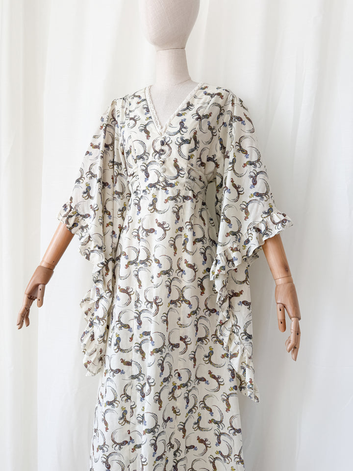 Breathtaking Rare 1970s Parrot Print Angel Sleeve Cotton Bohemian Maxi Dress