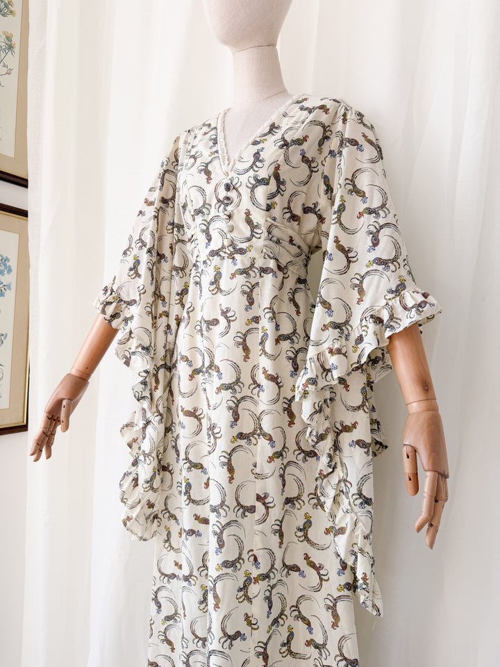 Breathtaking Rare 1970s Parrot Print Angel Sleeve Cotton Bohemian Maxi Dress