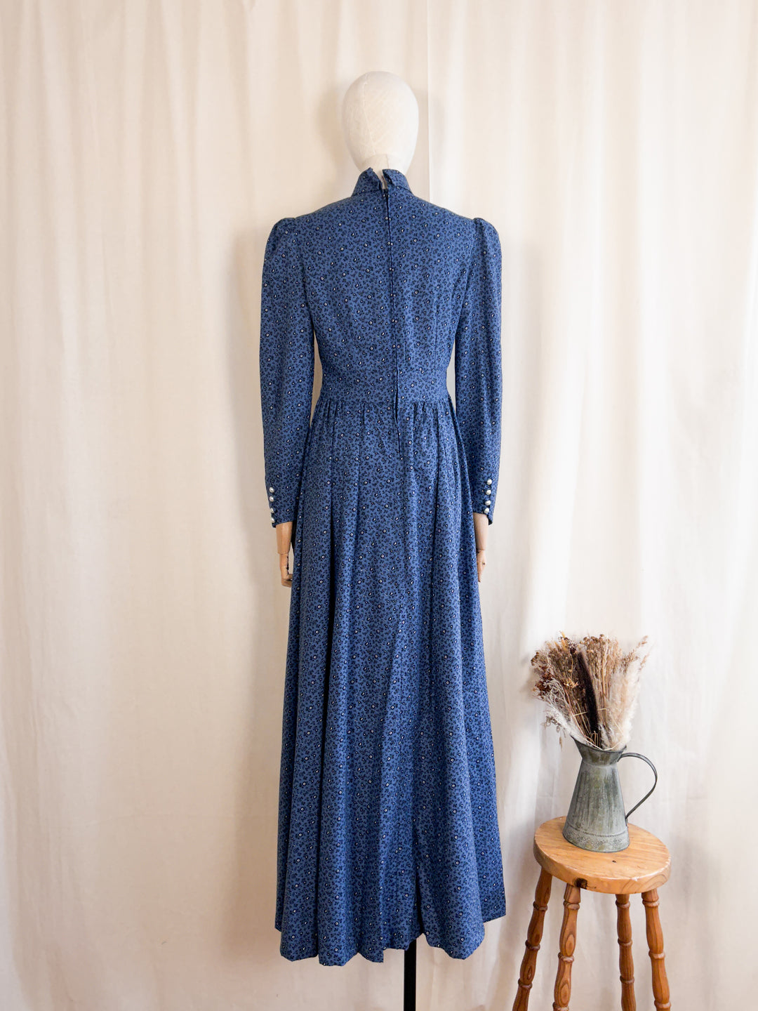 Enchanting Moody Blue 70s Cotton Maxi Dress