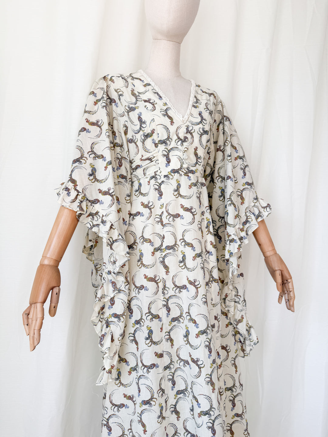 Breathtaking Rare 1970s Parrot Print Angel Sleeve Cotton Bohemian Maxi Dress