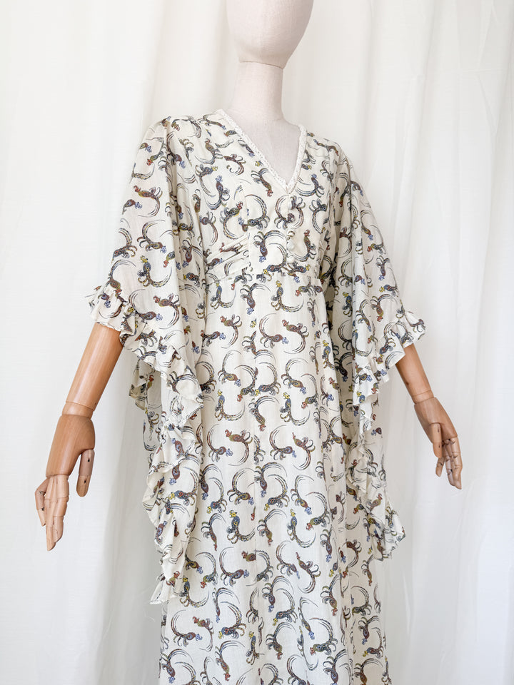 Breathtaking Rare 1970s Parrot Print Angel Sleeve Cotton Bohemian Maxi Dress