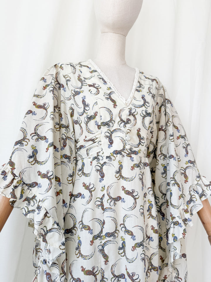 Breathtaking Rare 1970s Parrot Print Angel Sleeve Cotton Bohemian Maxi Dress