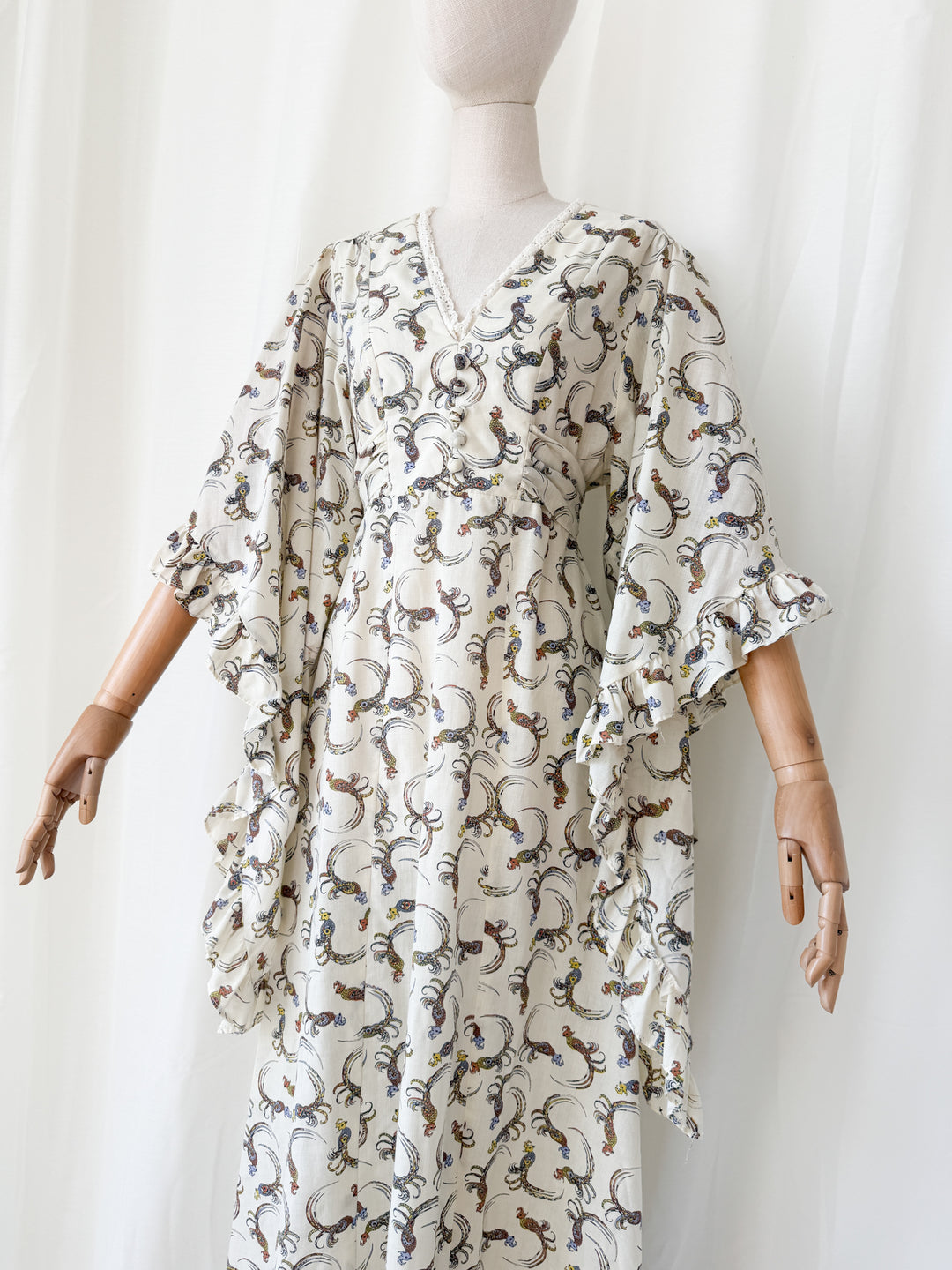 Breathtaking Rare 1970s Parrot Print Angel Sleeve Cotton Bohemian Maxi Dress