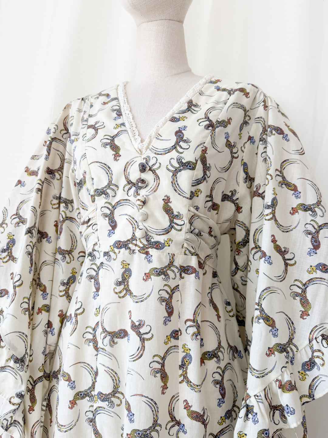 Breathtaking Rare 1970s Parrot Print Angel Sleeve Cotton Bohemian Maxi Dress