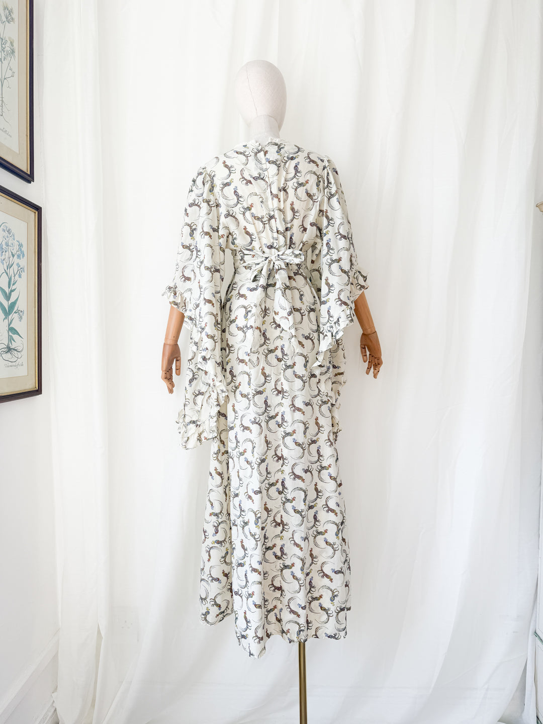 Breathtaking Rare 1970s Parrot Print Angel Sleeve Cotton Bohemian Maxi Dress