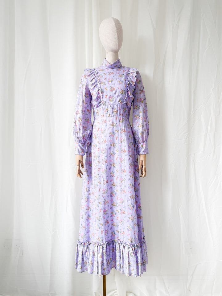 Stunning 1970s Lilac Floral Cotton Maxi Dress by Ellis