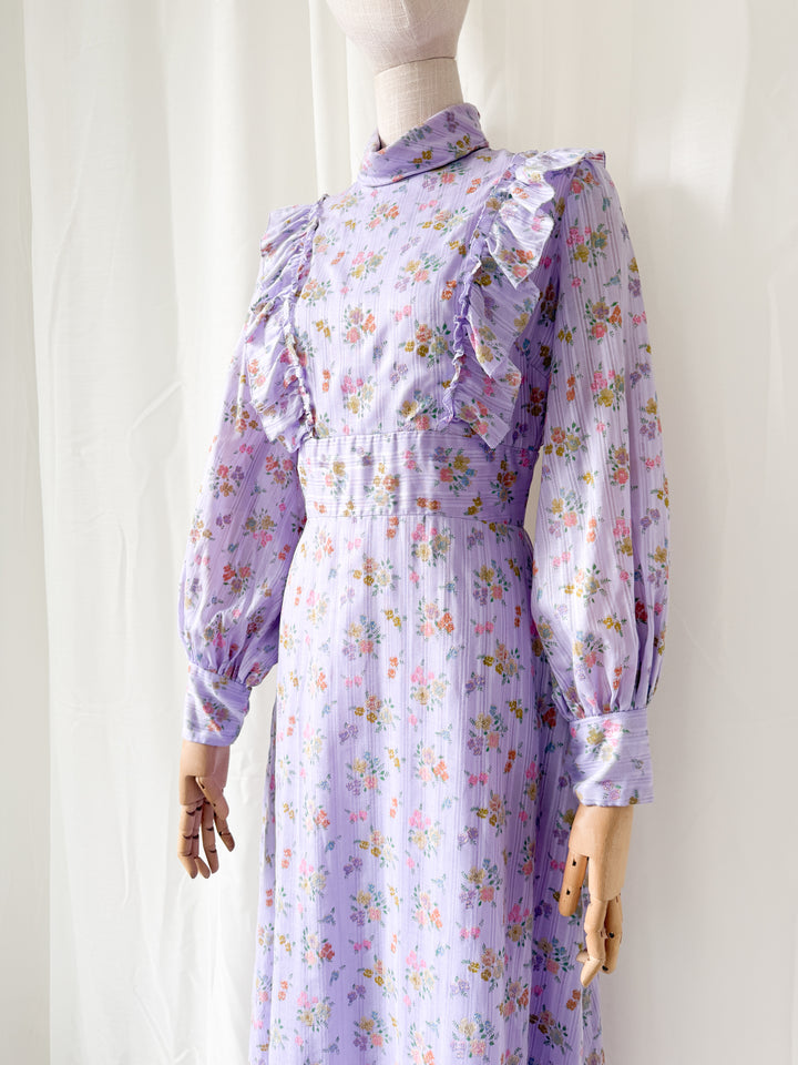Stunning 1970s Lilac Floral Cotton Maxi Dress by Ellis