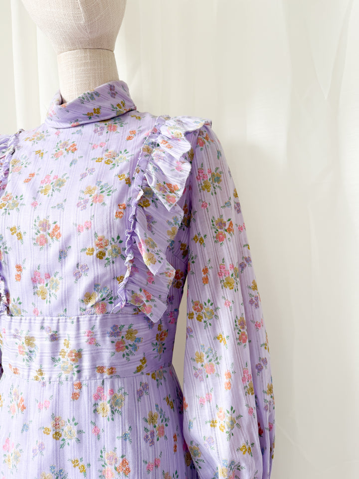 Stunning 1970s Lilac Floral Cotton Maxi Dress by Ellis