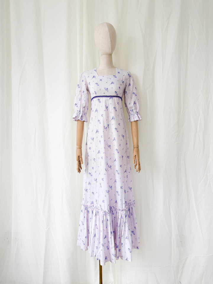 Pretty 1970s Lilac Broderie Cotton Maxi Dress