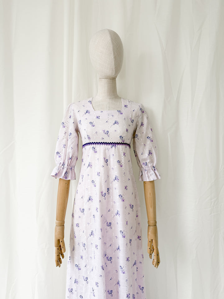 Pretty 1970s Lilac Broderie Cotton Maxi Dress