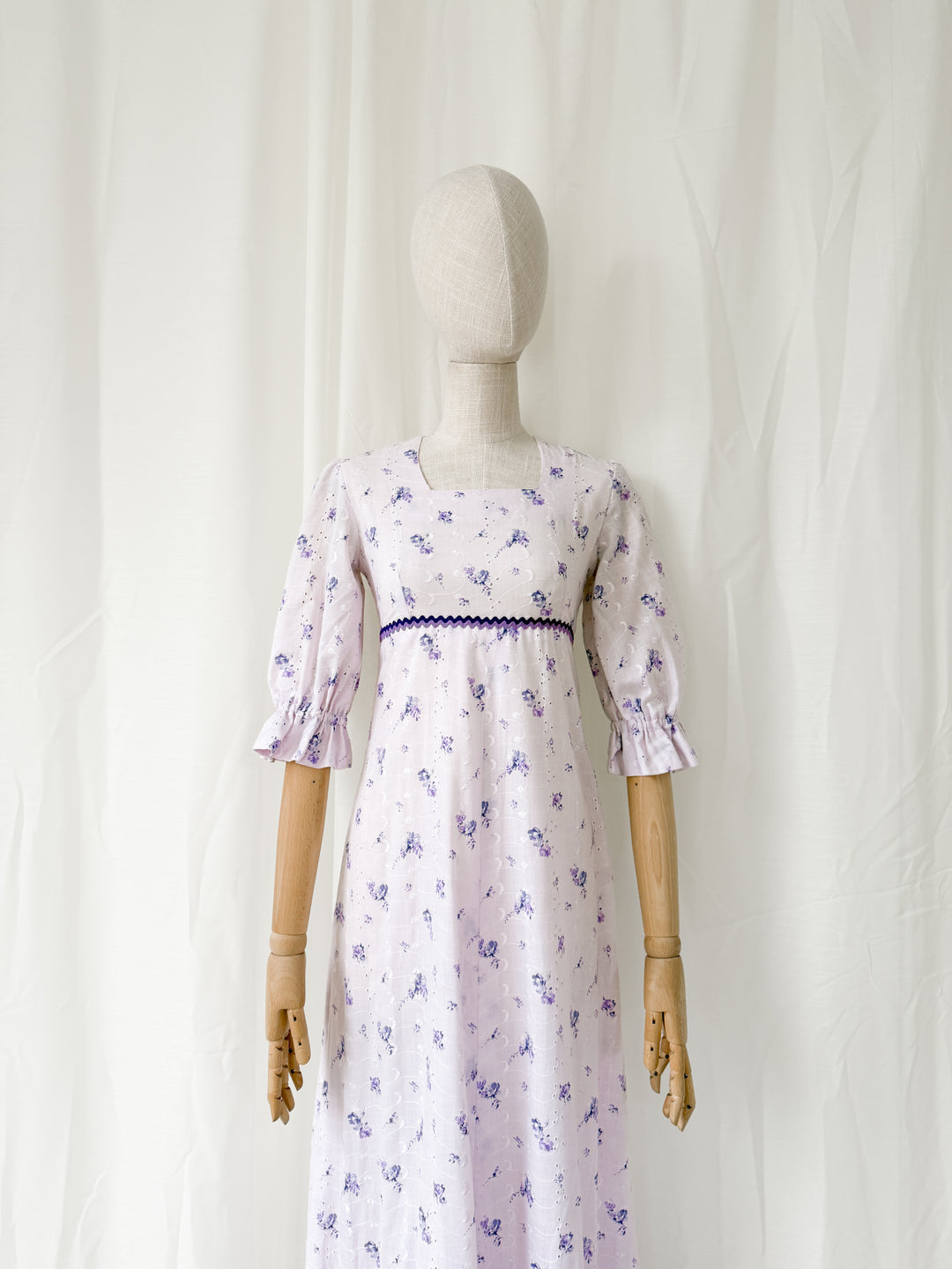 Pretty 1970s Lilac Broderie Cotton Maxi Dress