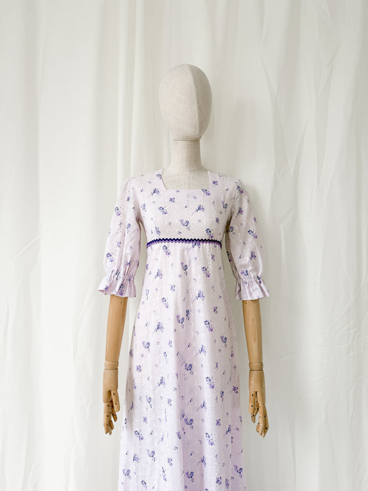 Pretty 1970s Lilac Broderie Cotton Maxi Dress