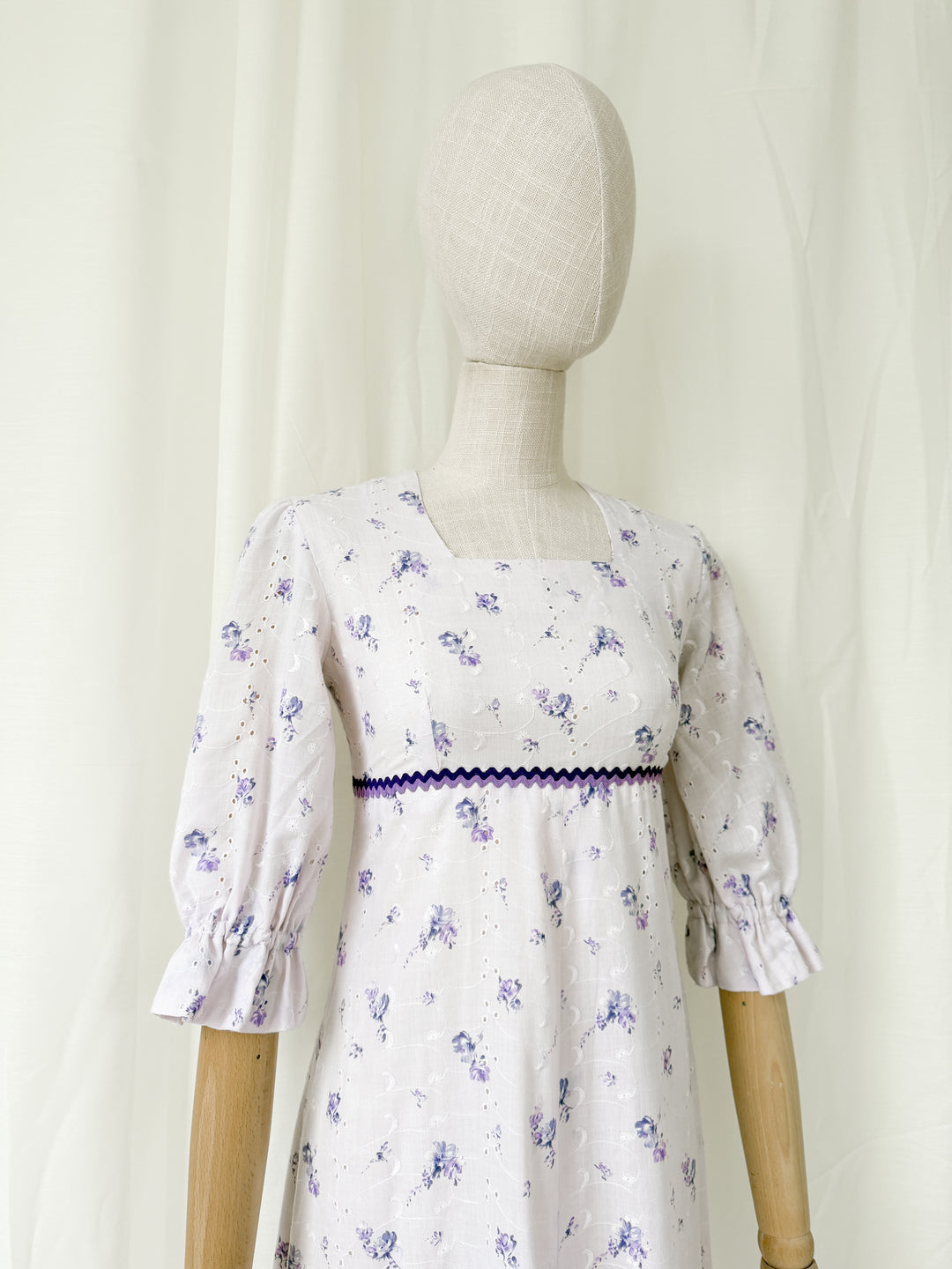 Pretty 1970s Lilac Broderie Cotton Maxi Dress