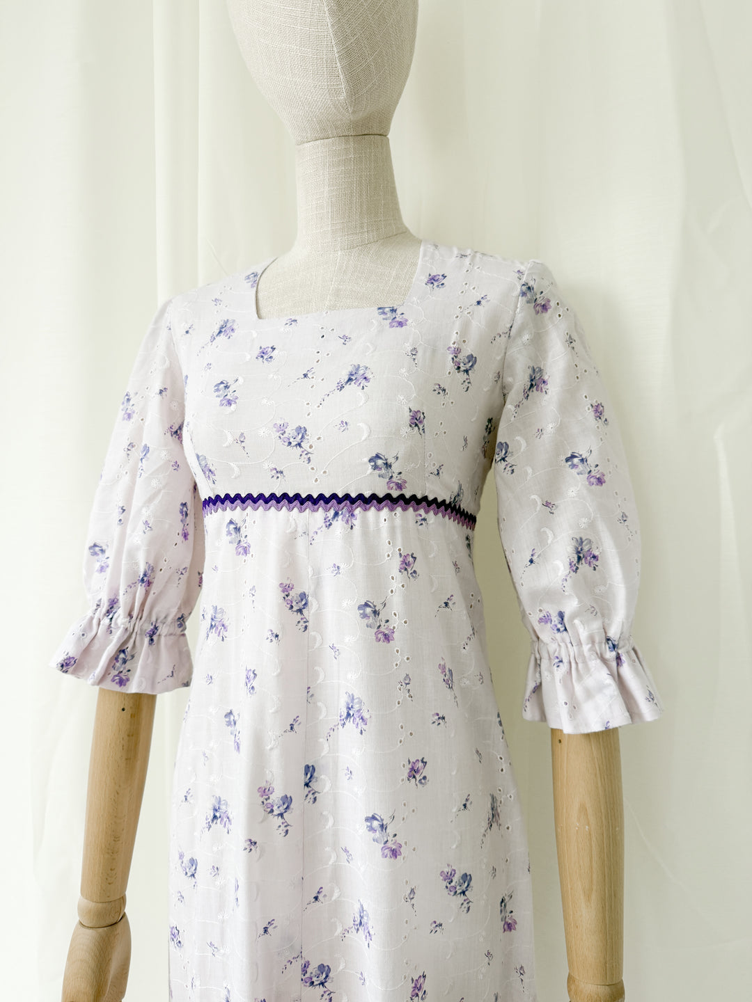 Pretty 1970s Lilac Broderie Cotton Maxi Dress