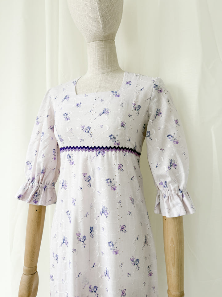 Pretty 1970s Lilac Broderie Cotton Maxi Dress