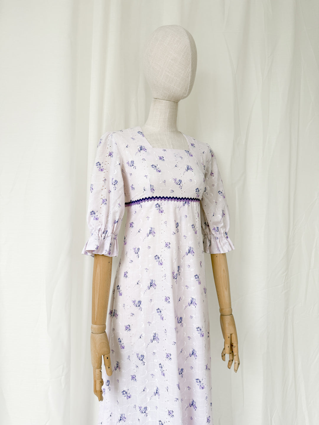 Pretty 1970s Lilac Broderie Cotton Maxi Dress