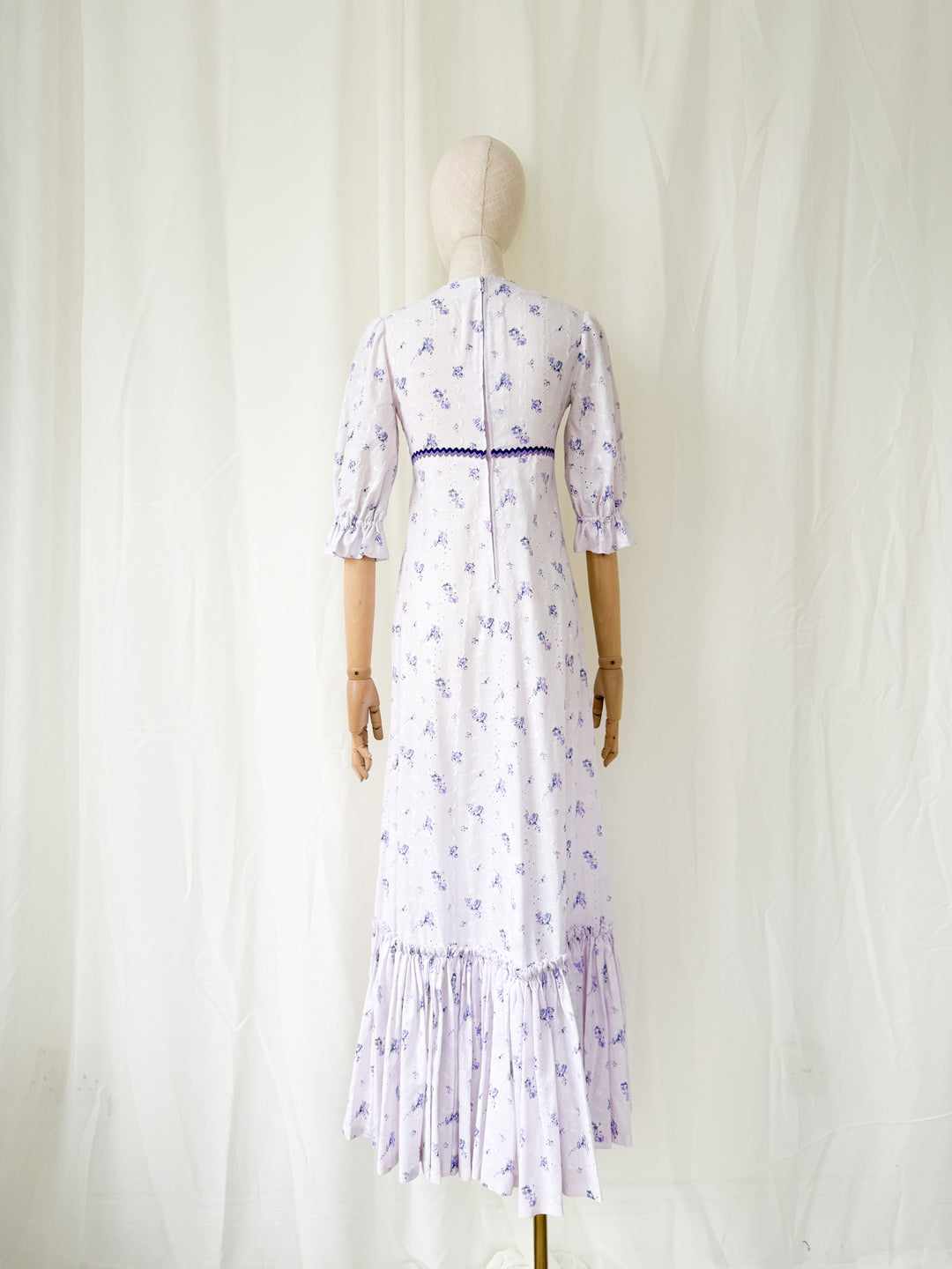 Pretty 1970s Lilac Broderie Cotton Maxi Dress
