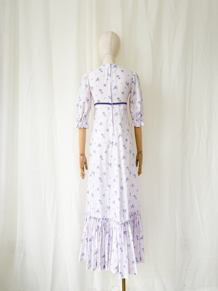 Pretty 1970s Lilac Broderie Cotton Maxi Dress