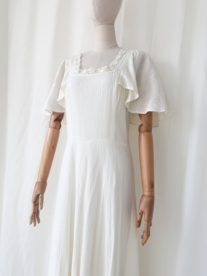 Beyond Beautiful 1970s Bohemian Cheesecloth Cotton Maxi Dress