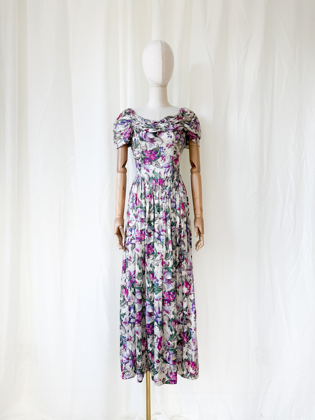 Insanely Precious Rare 1940s Floral Satin Rayon Floral Maxi Dress
