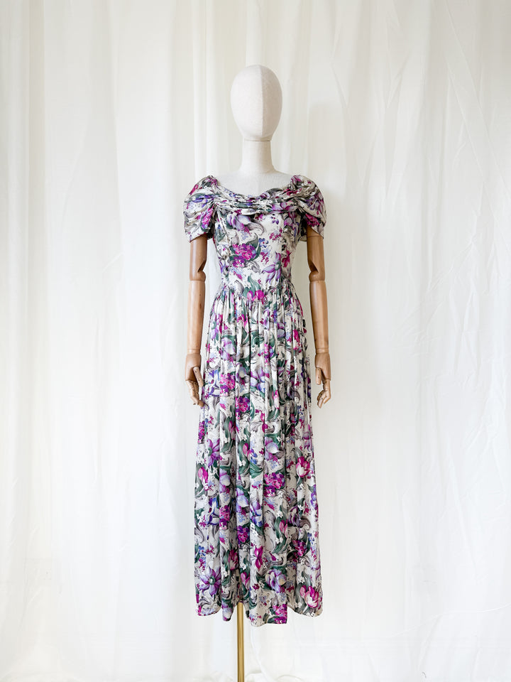 Insanely Precious Rare 1940s Floral Satin Rayon Floral Maxi Dress