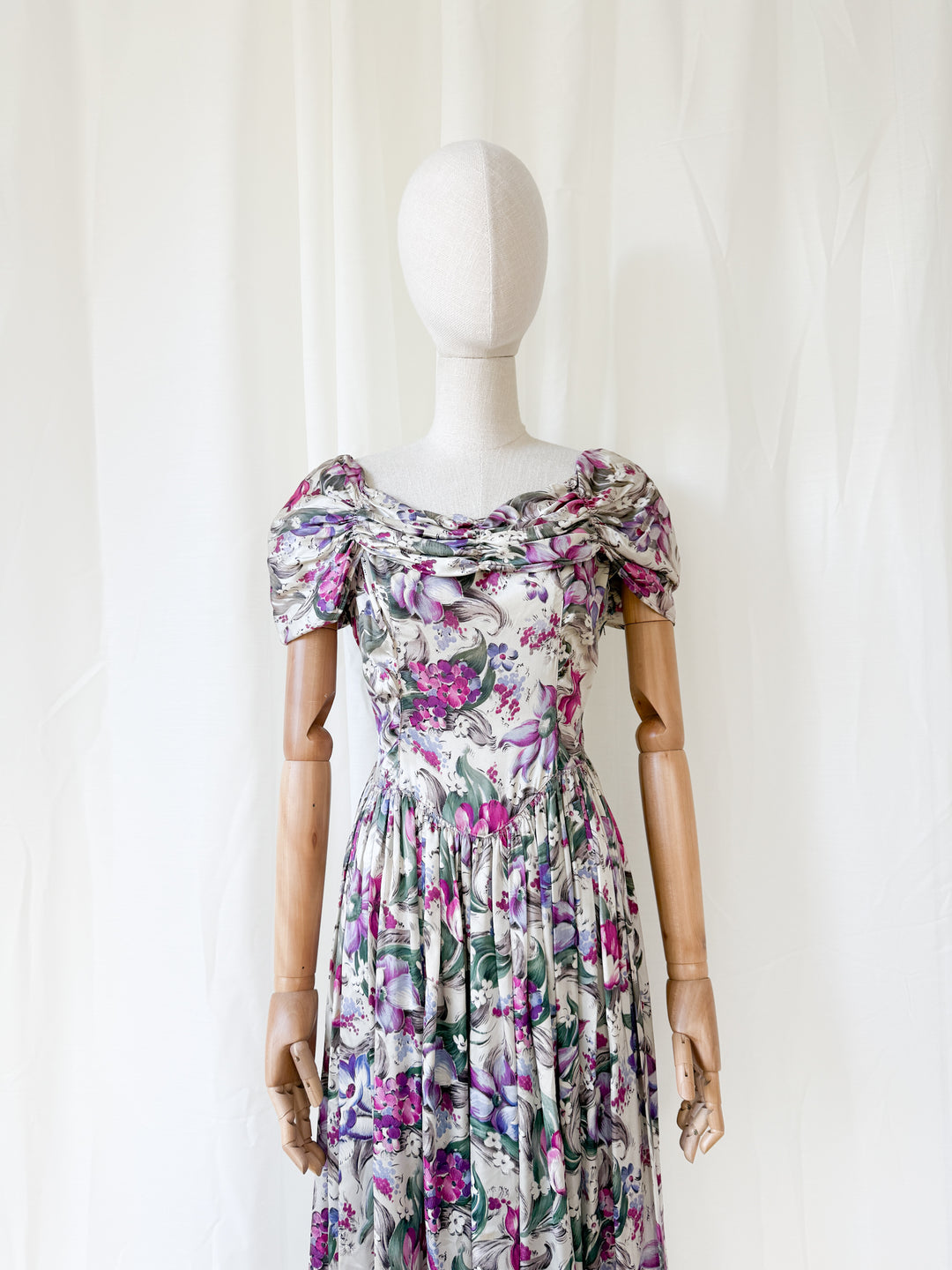 Insanely Precious Rare 1940s Floral Satin Rayon Floral Maxi Dress