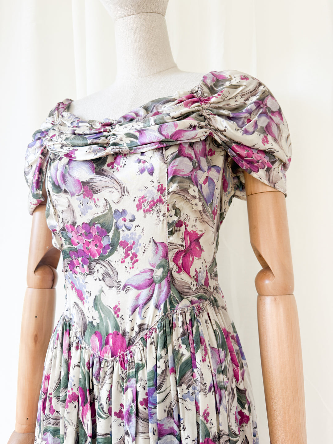 Insanely Precious Rare 1940s Floral Satin Rayon Floral Maxi Dress