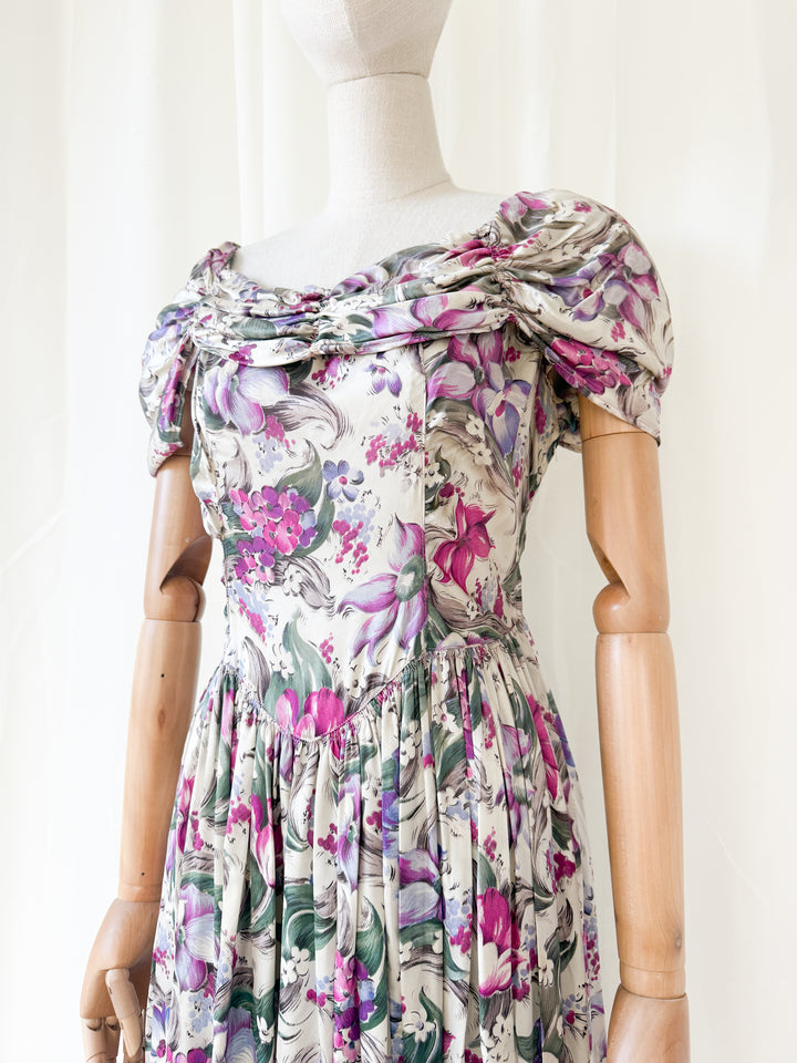 Insanely Precious Rare 1940s Floral Satin Rayon Floral Maxi Dress