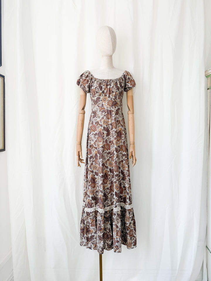 Dreamy Rare 1970s Brown Floral Cotton Bohemian Maxi Dress