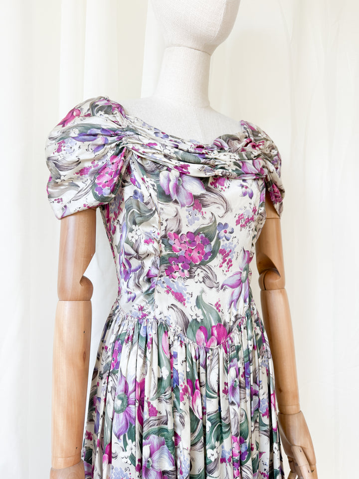 Insanely Precious Rare 1940s Floral Satin Rayon Floral Maxi Dress