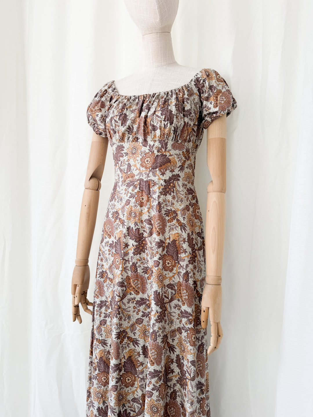 Dreamy Rare 1970s Brown Floral Cotton Bohemian Maxi Dress