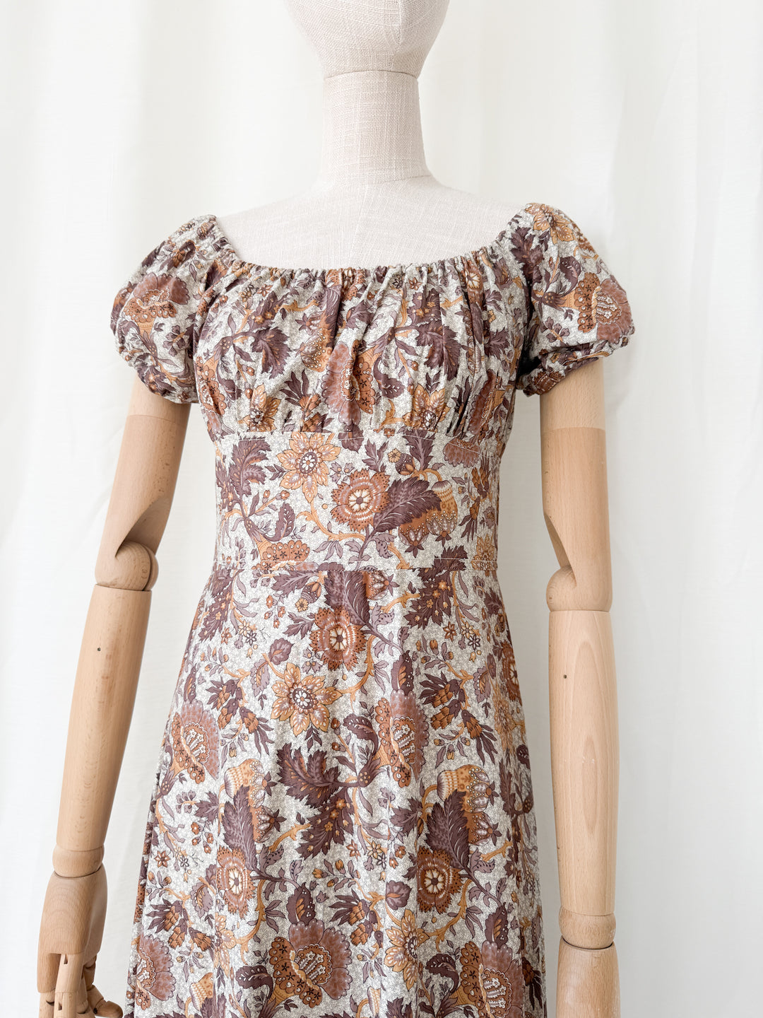 Dreamy Rare 1970s Brown Floral Cotton Bohemian Maxi Dress