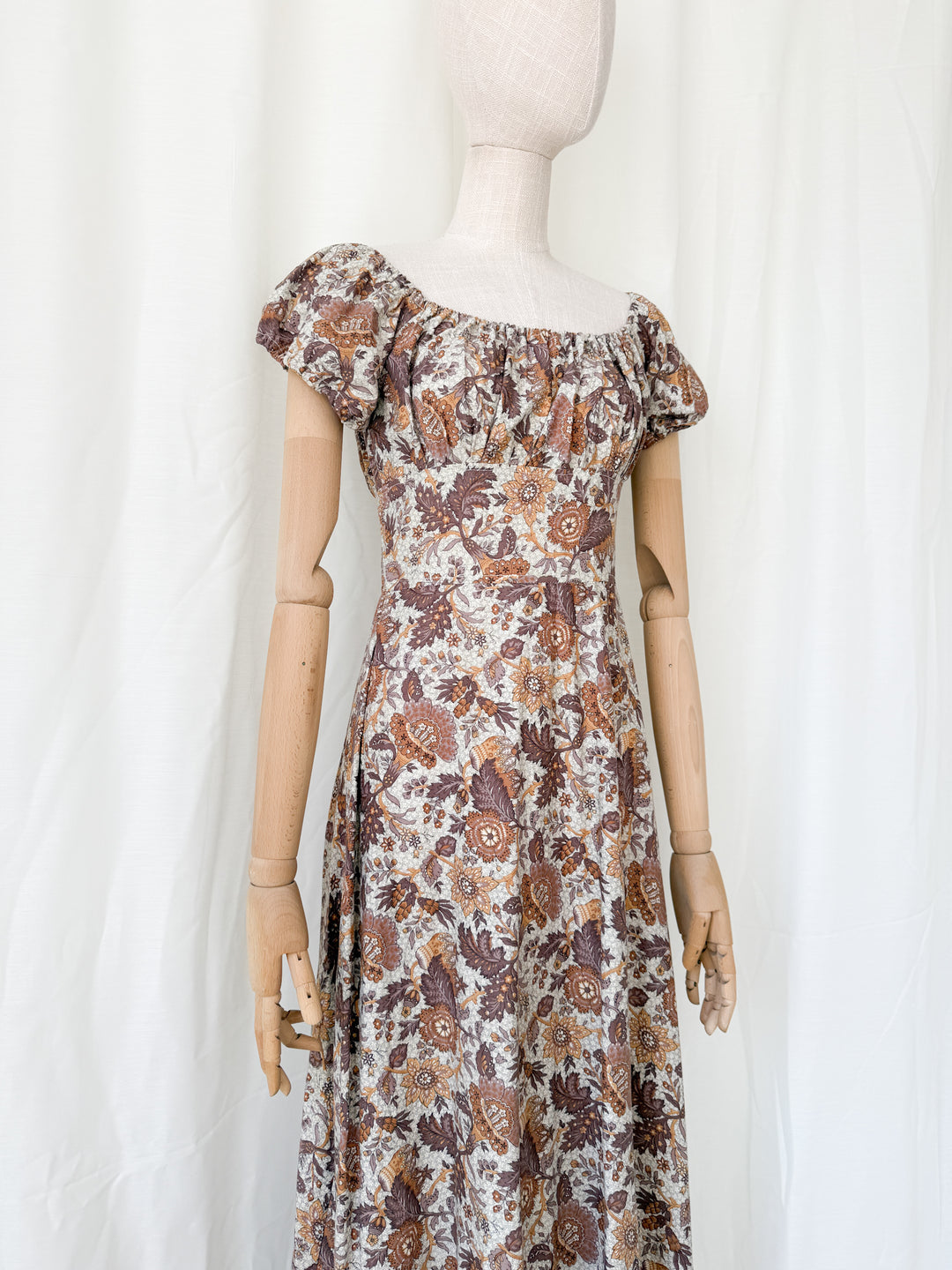 Dreamy Rare 1970s Brown Floral Cotton Bohemian Maxi Dress
