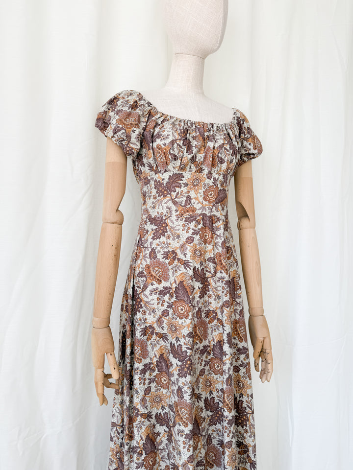 Dreamy Rare 1970s Brown Floral Cotton Bohemian Maxi Dress