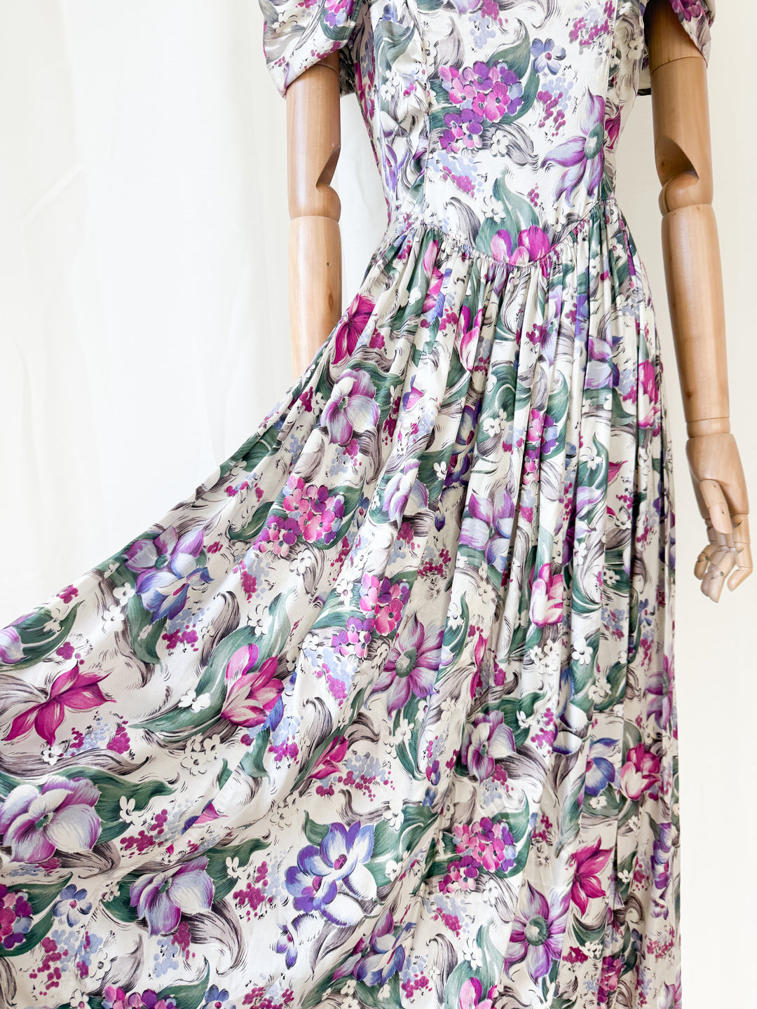 Insanely Precious Rare 1940s Floral Satin Rayon Floral Maxi Dress
