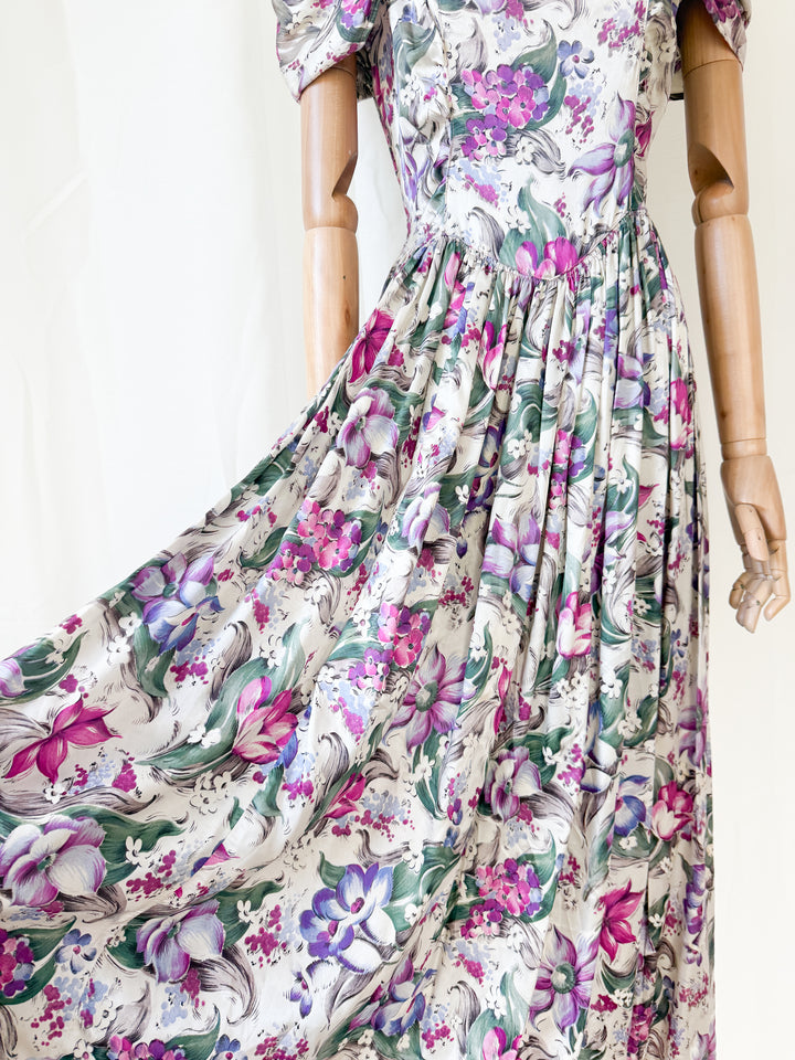 Insanely Precious Rare 1940s Floral Satin Rayon Floral Maxi Dress