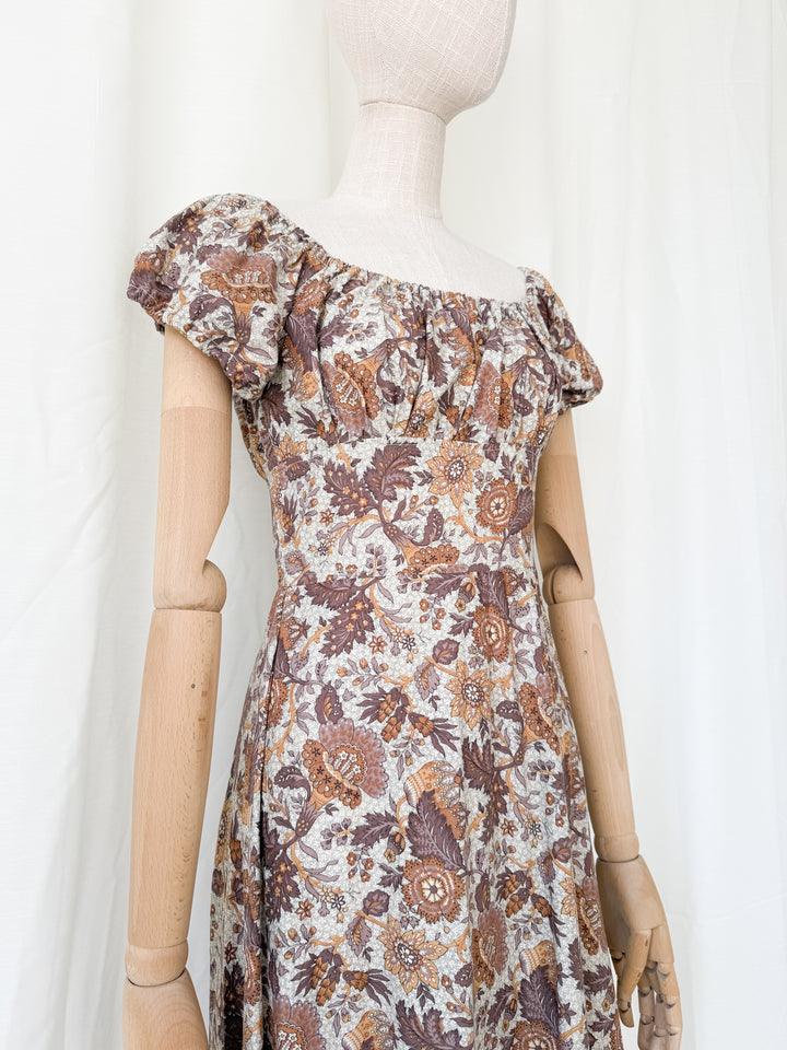Dreamy Rare 1970s Brown Floral Cotton Bohemian Maxi Dress