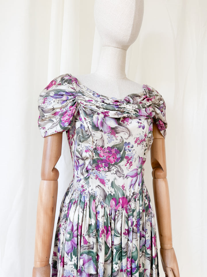 Insanely Precious Rare 1940s Floral Satin Rayon Floral Maxi Dress